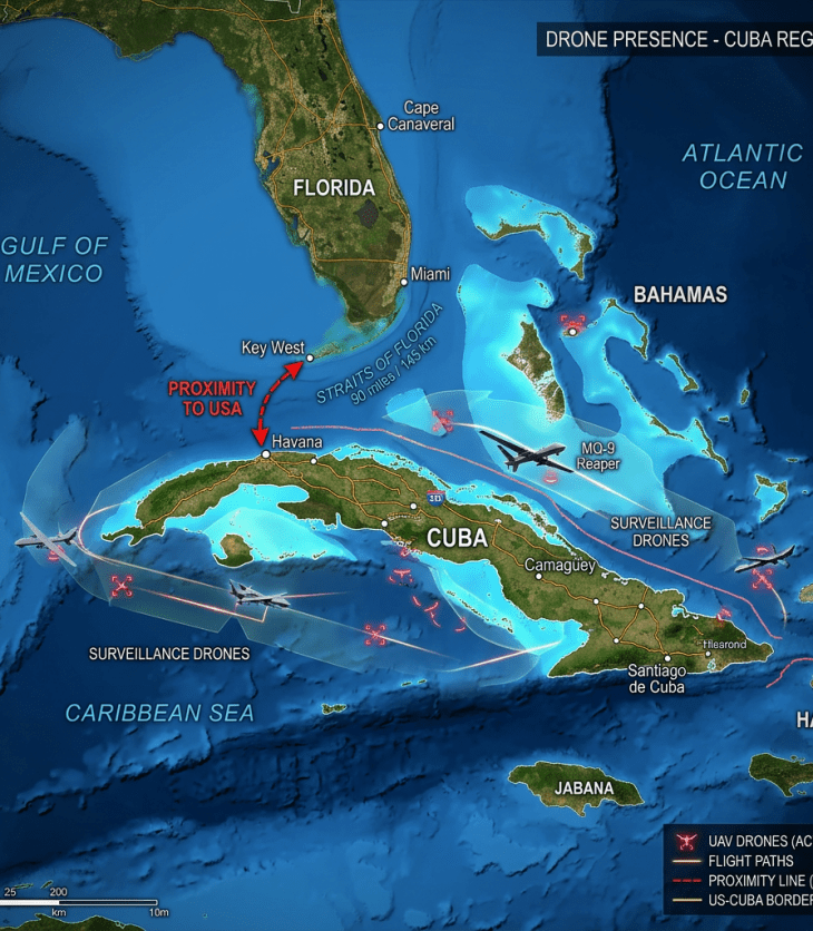 Map illustrating active surveillance drones and flight paths near Cuba, Florida, and the Bahamas