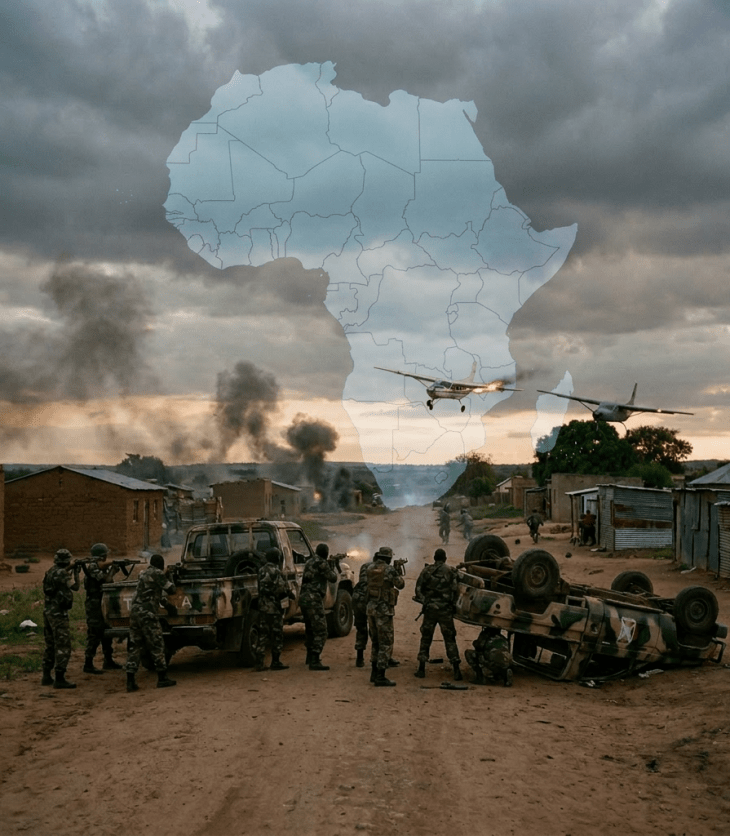 Soldiers in camouflage using vehicles as cover while an aircraft fires from the sky in a village