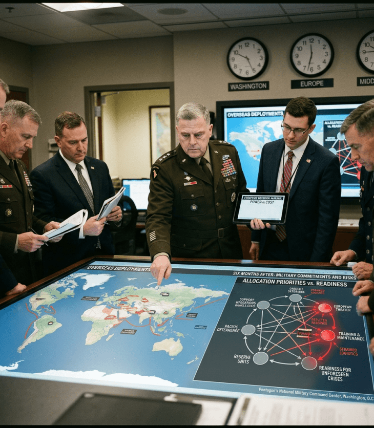 Military officials reviewing an overseas deployment map and readiness priorities